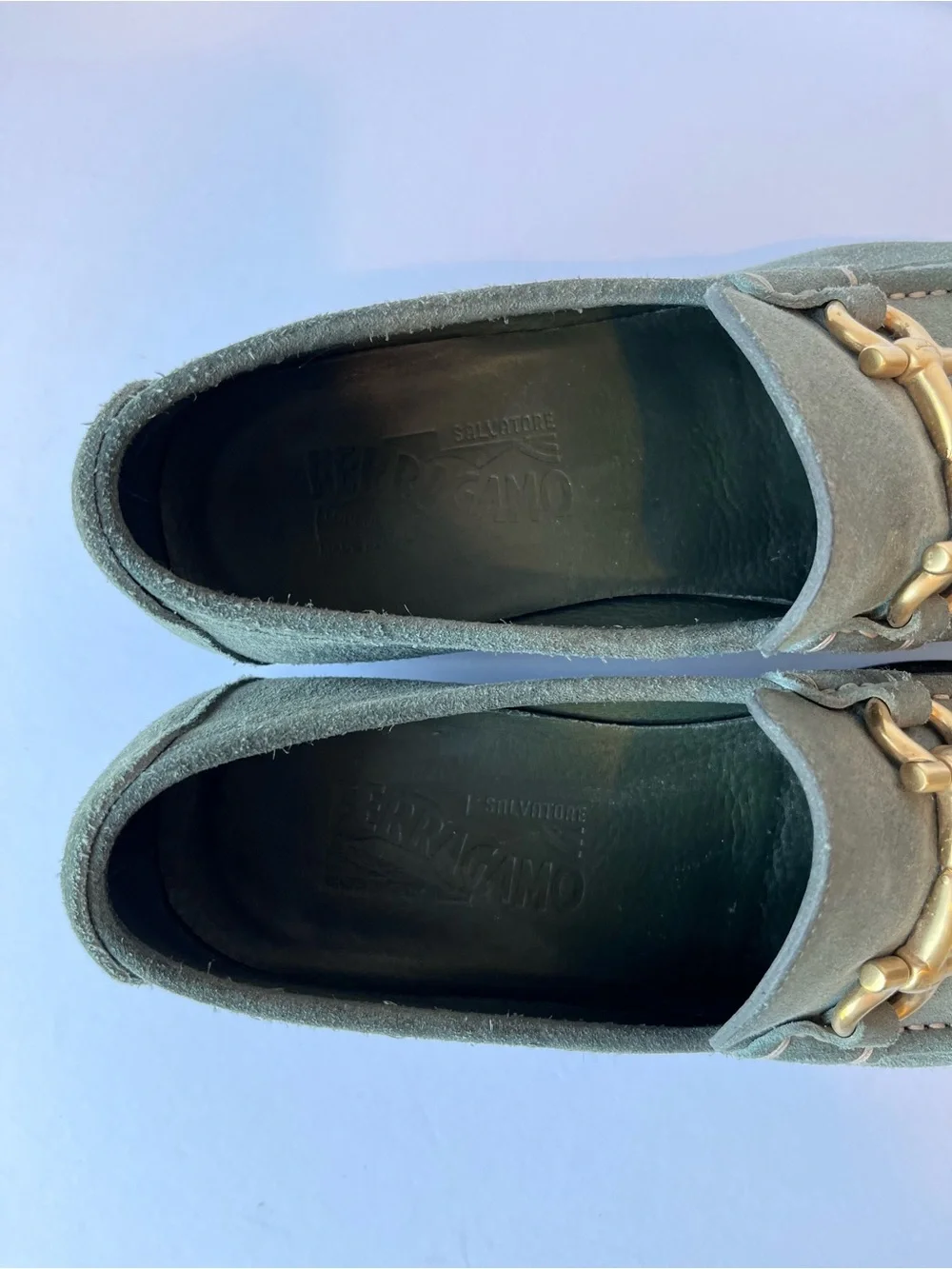 Salvatore Ferragamo Gancini Buckle Green Suede Loafers